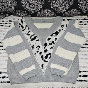 Chic V-Neck Sweater in Gray and Cream